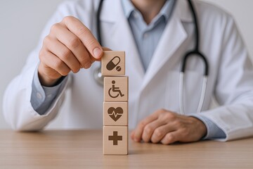 Healthcare professional stacking health and medical symbol blocks with stethoscope.