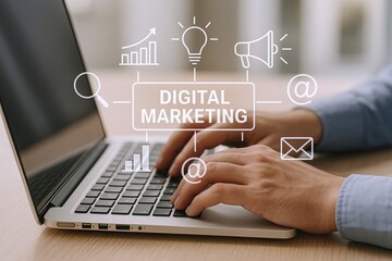 Modern digital marketing concept with laptop and icons representing online advertising.