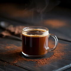 Steaming glass mug of dark coffee with cocoa powder