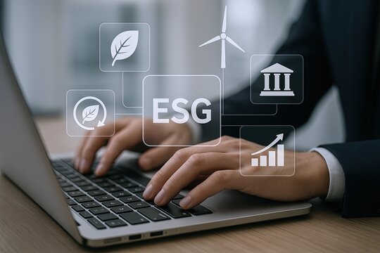 Businessperson using laptop with ESG icons and symbols for sustainable development.