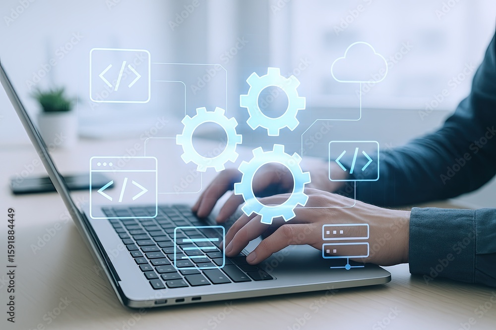 Poster modern technology integration with gears and code icons on laptop screen for innovation.