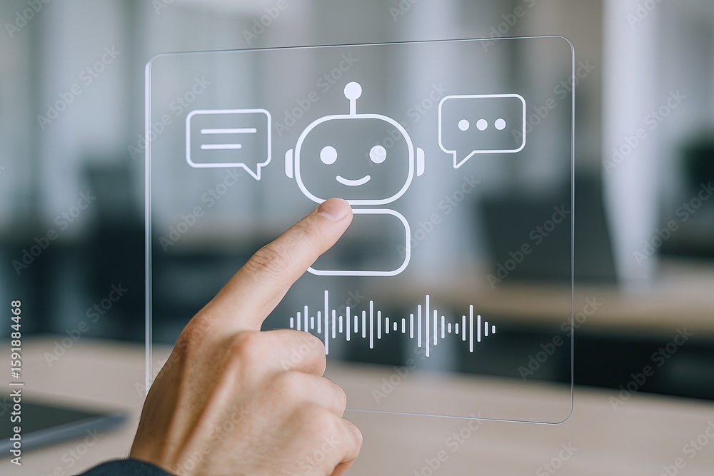 Poster human hand interacting with futuristic transparent chatbot interface with robot icon.