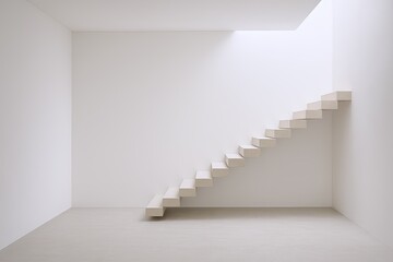 Minimalist staircase with floating steps ascending white wall interior design.