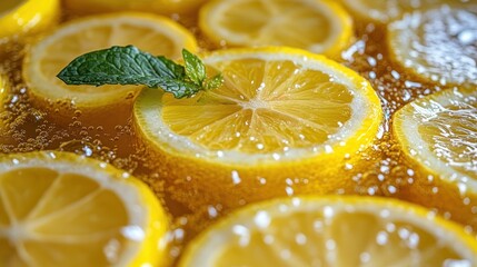 Closeup lemon slices in refreshing liquid