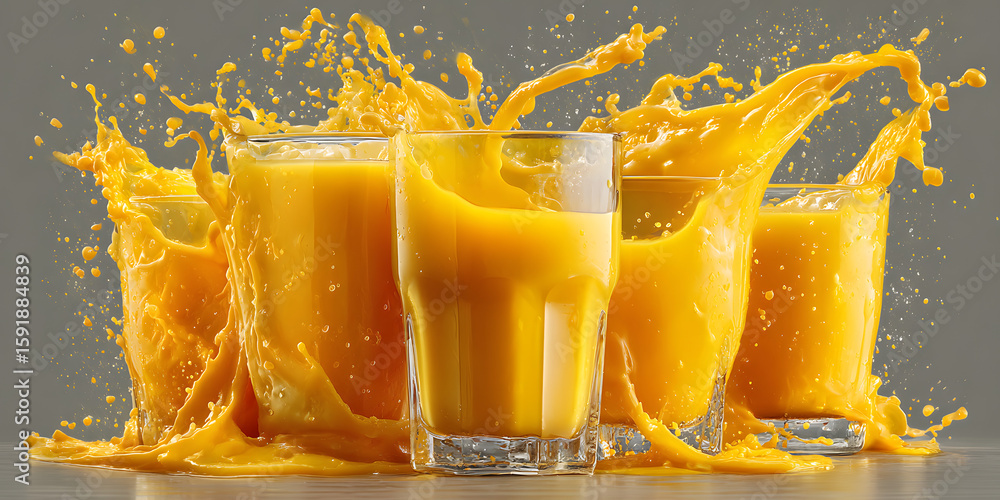 Poster mango juice splash collection featuring various glasses with vibrant yellow juice and dynamic splash