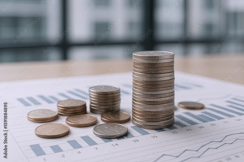 Poster close-up view of stacked coins on financial report with graphs and charts in the background.