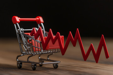 Market Volatility: A tiny shopping cart holds a red, fluctuating line, symbolizing the ups and downs of the economy.