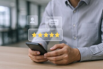 Business professional reviewing a five star rating using smartphone in modern office environment.