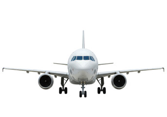 Fototapeta premium A modern white commercial airplane is viewed from the front, ready for flight, isolated on a transparent background