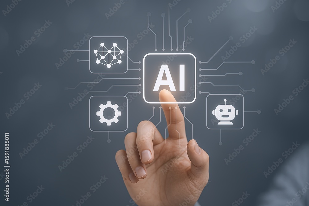 Poster artificial intelligence concept with hand touching ai icon and related technology symbols.