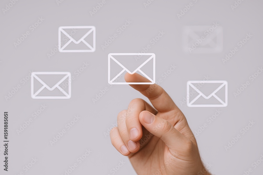 Poster hand reaching out to touch floating email icons in a digital communication concept.