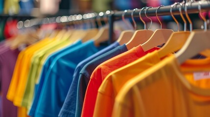 plain t-shirts of different colors hang on a hanger, store interior blur.