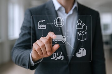 Businessman in formal suit interacting with digital supply chain and logistics icons on transparent screen.