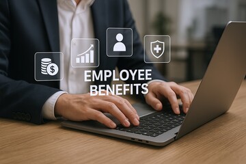 Businessman working on a laptop with digital icons representing employee benefits and insurance.