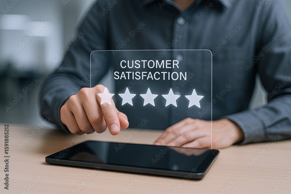 Poster modern customer satisfaction feedback concept with selected five star rating on transparent screen.