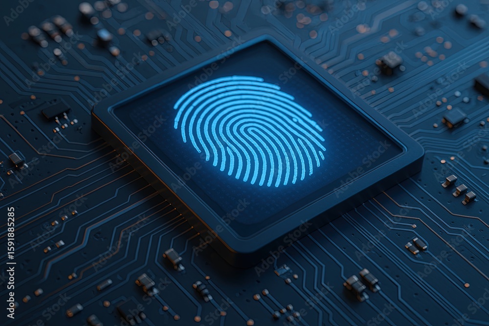 Poster close-up of a digital fingerprint scanner on a circuit board representing biometric security technol