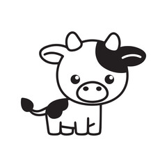 Cute spotted cartoon cow, kawaii farm animal character. Vector illustration logo for dairy and agriculture.