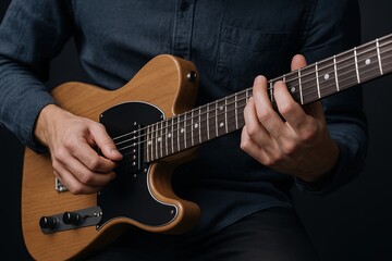 Close-up of a person playing an electric guitar with hands and fretboard in focus.
