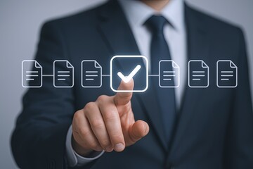 Businessman in suit pressing digital document approval icon on transparent interface.