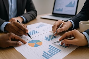 Business Meeting Analyzing Financial Data with Charts and Graphs in Office Setting.