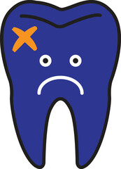 Sad tooth icon symbolizing dental pain, decay or cavity problem with transparent background