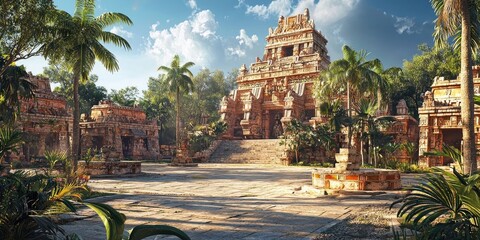 Multiple stone pyramid temples with detailed carvings rise among dense jungle vegetation under cloudy sky. Generative by AI.