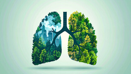Conceptual image of lungs, one side depicting a polluted city and the other a healthy forest, symbolizing respiratory health and environmental impact.
