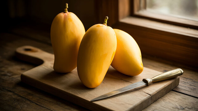 Three ripe yellow mangoes on a wooden cutting board with a knife