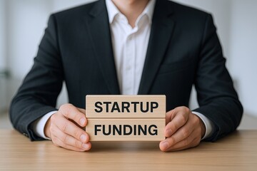 Obraz premium Businessman in a suit holding wooden blocks with startup funding text for entrepreneurs.