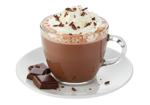 A steaming mug of hot chocolate topped with whipped cream and chocolate shavings, served with chocolate pieces on a saucer, isolated on white isolated on transparent background - Powered by Adobe