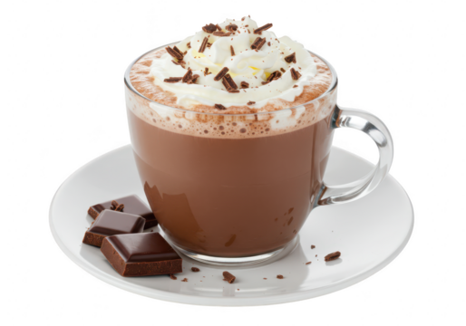 A steaming mug of hot chocolate topped with whipped cream and chocolate shavings, served with chocolate pieces on a saucer, isolated on white isolated on transparent background