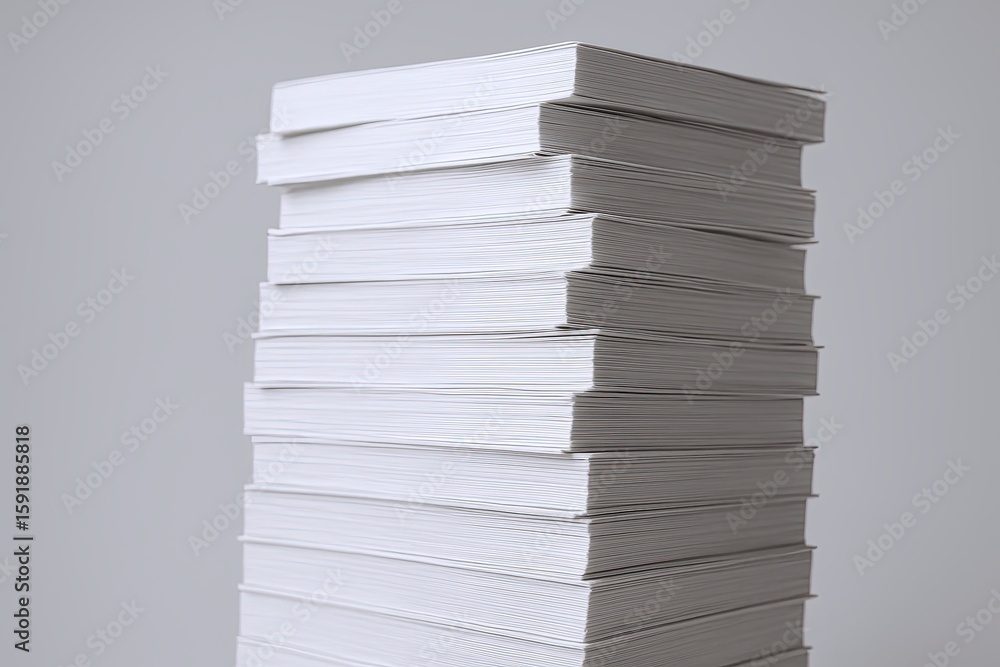 Poster tall stack of white paper sheets neatly piled on a flat surface for office use.