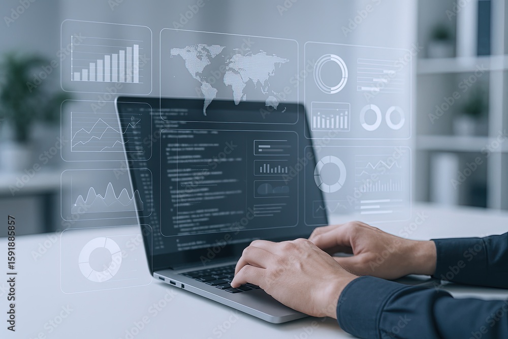 Aufkleber modern workplace with digital data analysis and futuristic holographic user interface.