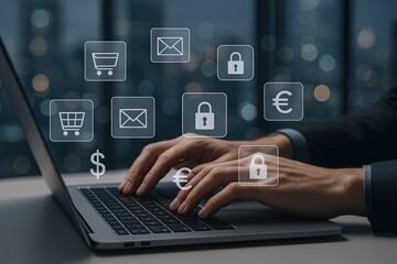 Hands Typing on Laptop Keyboard with Digital Security and Online Shopping Icons.