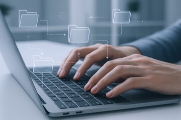 Obraz premium Modern digital data transfer concept with cloud storage and file sharing for collaboration.