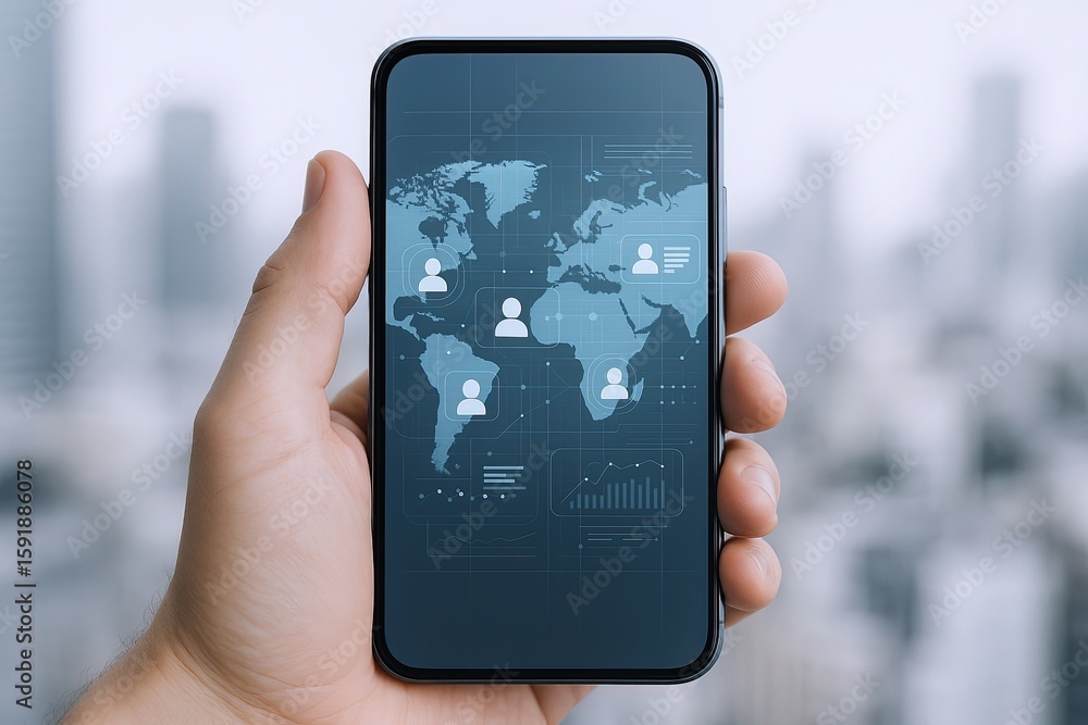 Poster hand holding smartphone displaying digital world map with data and charts in modern office scene.