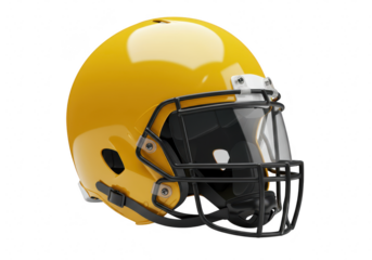 A yellow american football helmet with a black face mask and visor, isolated on a transparent background