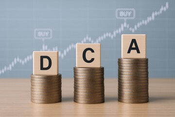 Financial growth concept with stacked coins and alphabetical blocks D C A over chart background.