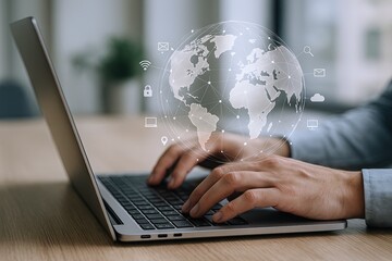 Modern person working on laptop with digital globe and technology icons in background.