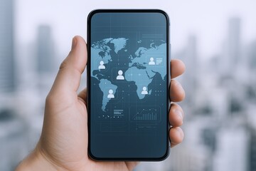 Hand holding smartphone displaying digital world map with data and charts in modern office scene.