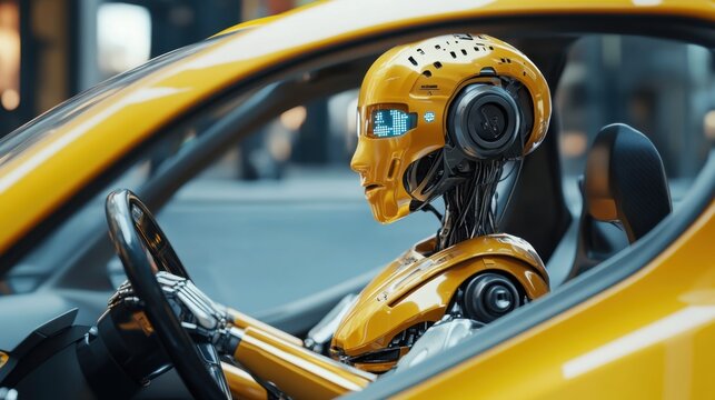Autonomous vehicle with robotic driver showcasing the future of transportation - Powered by Adobe