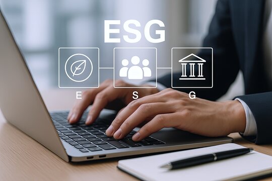 Business professional using laptop with environmental social governance icons displayed on screen. - Powered by Adobe