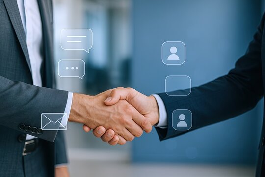 Professional business handshake between two people with digital icons symbols overlay.