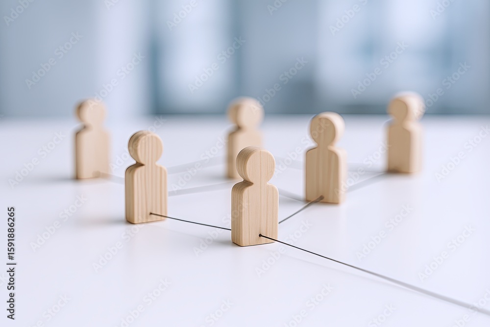 Poster wooden figurines connected by strings representing teamwork collaboration or networking.