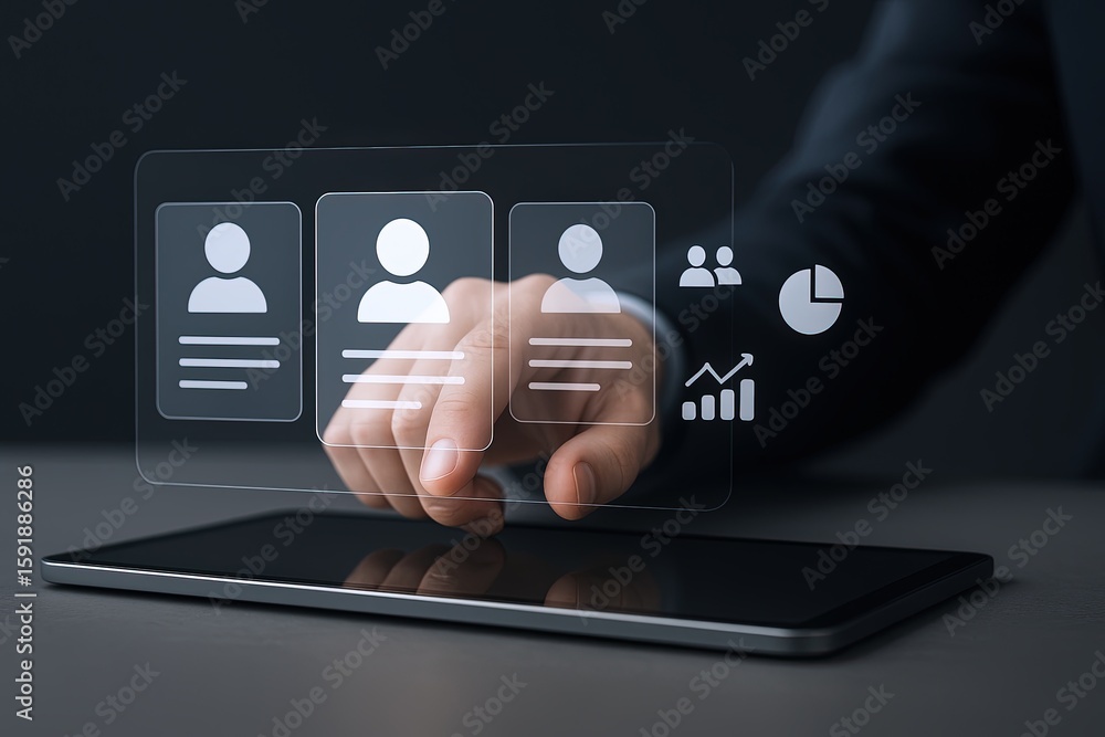 Poster businessman interacting with digital user profiles and analytics on tablet screen.