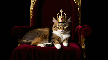 against a black background, a fluffy feline rests on a regal throne wi