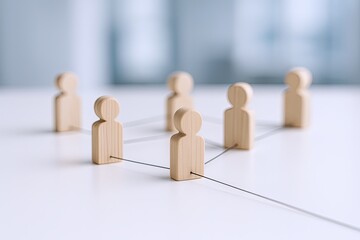 Obraz premium Wooden figurines connected by strings representing teamwork collaboration or networking.