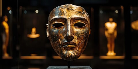 Orange weathered stone mask with hollow eyes displayed on black stone pedestal against dark background. Generative by AI.