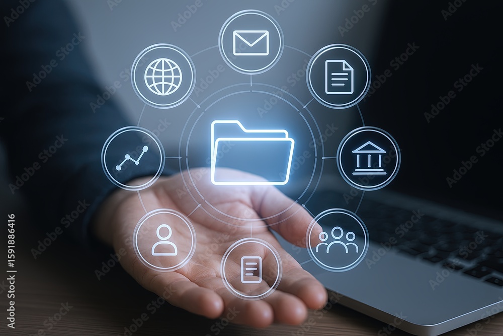 Poster digital file management with cloud storage icons and technology concept depiction.