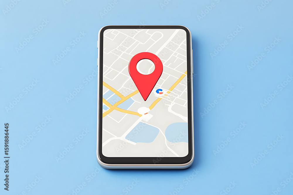 Poster mobile navigation app showing a map with a red location pin, indicating the current position on a si